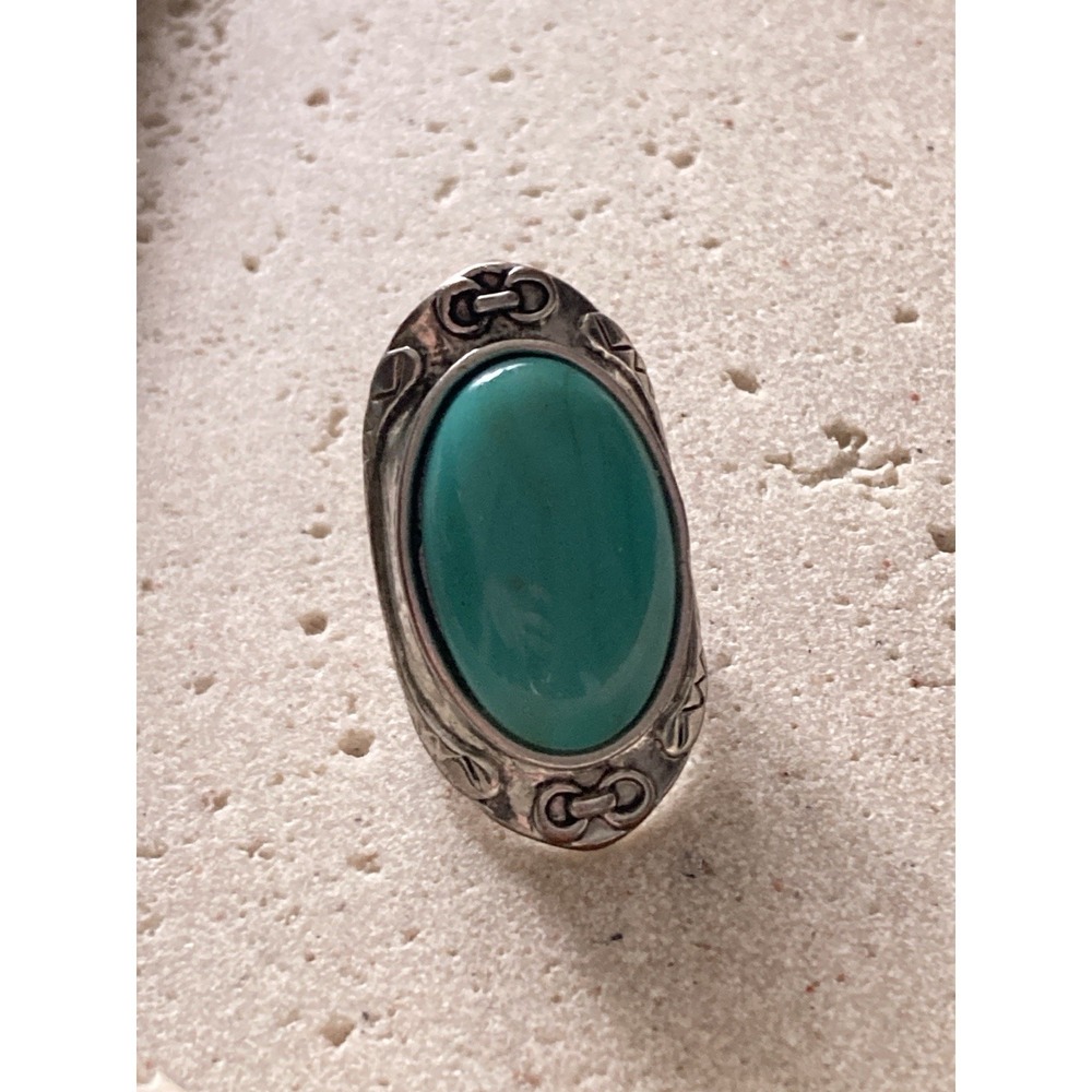 Southwestern Cabochon Ring Size 5 Faux Turquoise Oval Silver Tone Wide Band